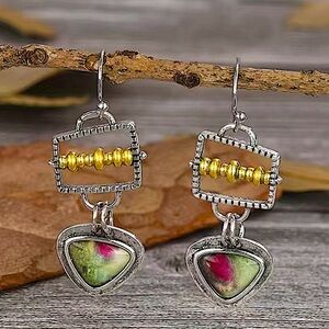Multicolor Geometric Silver Abacus Design Stone Vintage Earrings